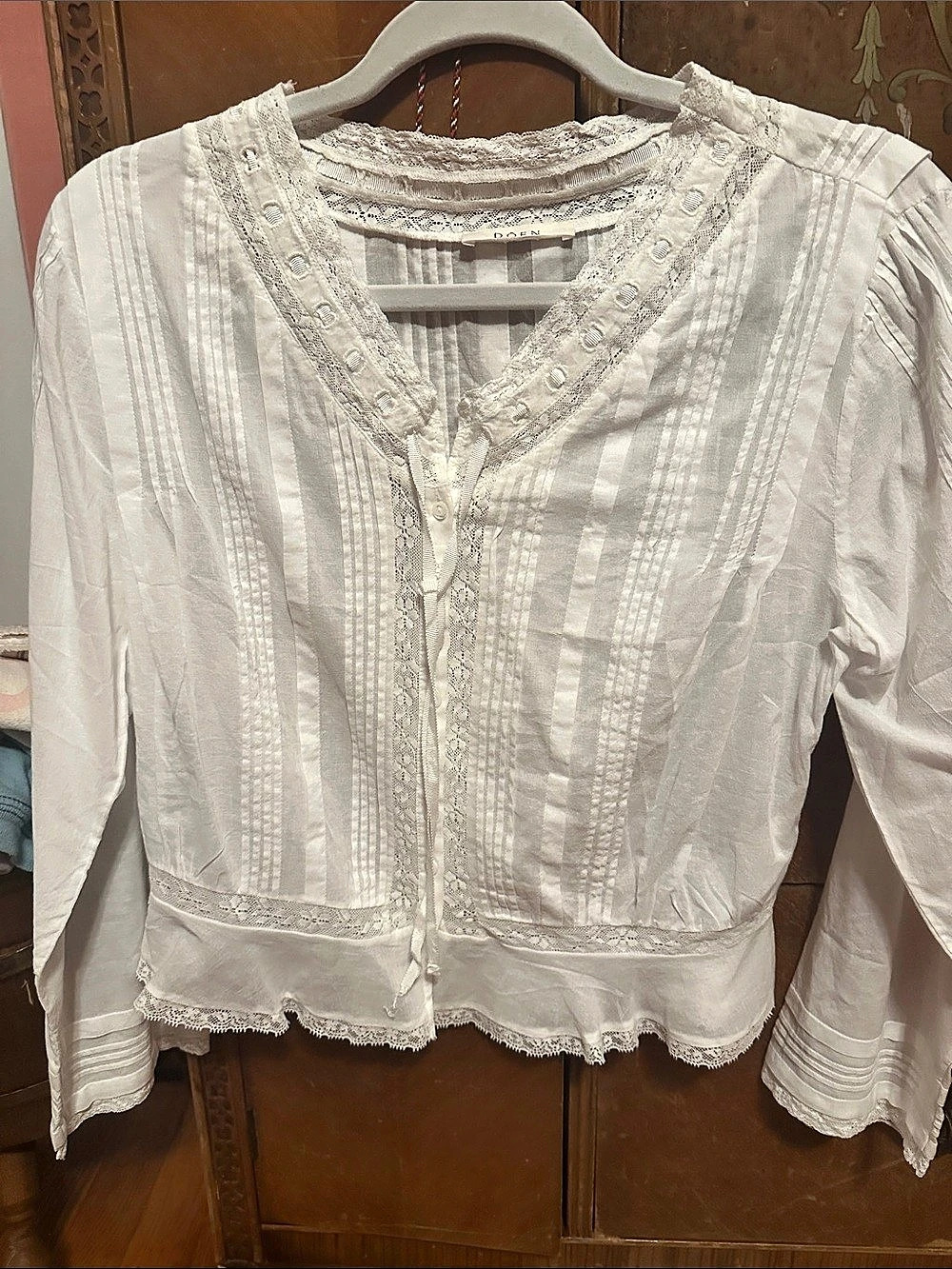 DOEN Brigitta Top Long Sleeve Lace Trim Blouse White Medium